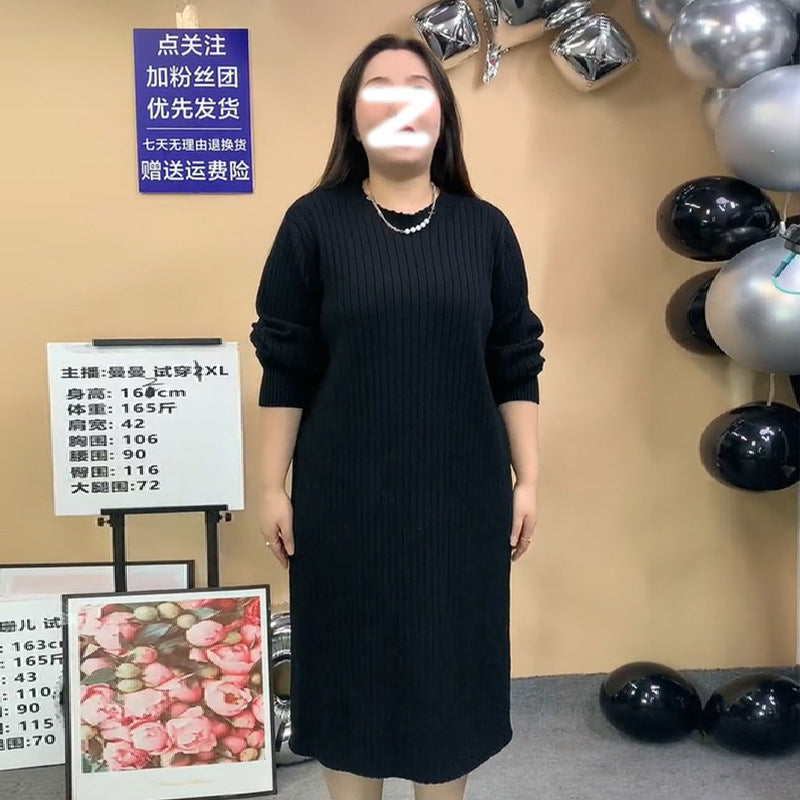 GY89603-大尺碼女連衣裙遮肚藏肉裙子大碼女連衣裙梨型身材加厚毛織打底裙8962