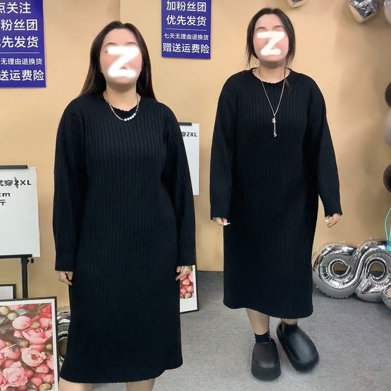 GY89603-大尺碼女連衣裙遮肚藏肉裙子大碼女連衣裙梨型身材加厚毛織打底裙8962